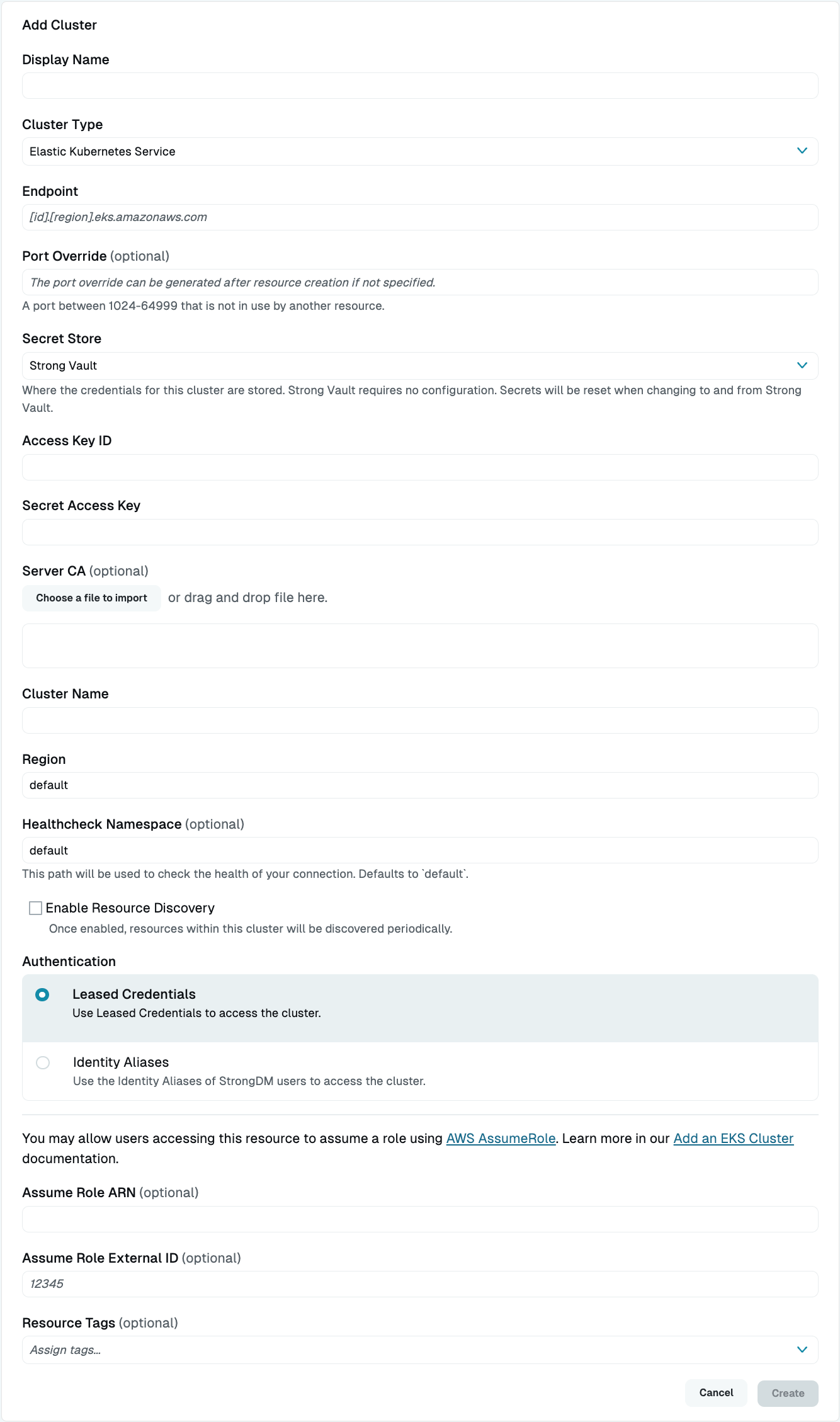 EKS Cluster Setup in Admin UI