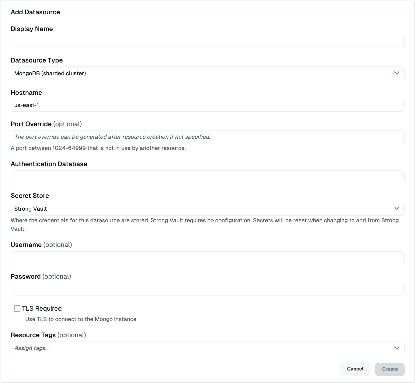 Add MongoDB (Sharded Cluster) Datasource Dialog
