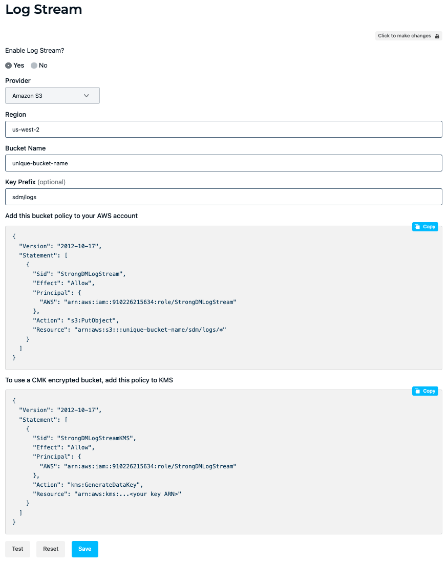 Log Stream Settings