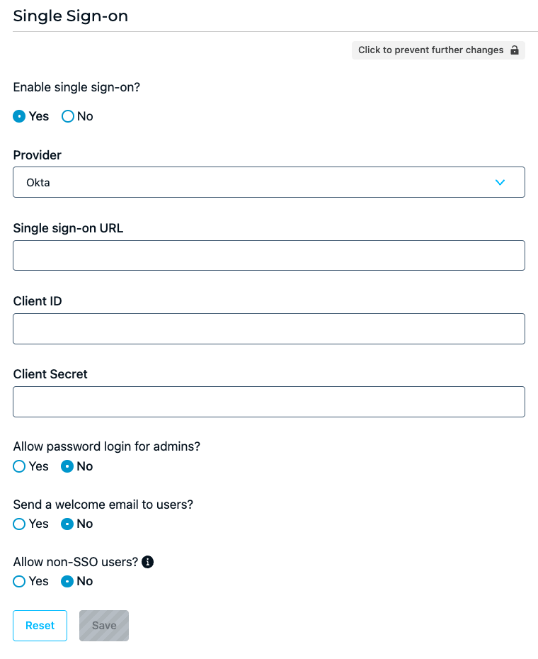 Example of User Management > Single Sign-on Settings With Okta Selected as the Provider