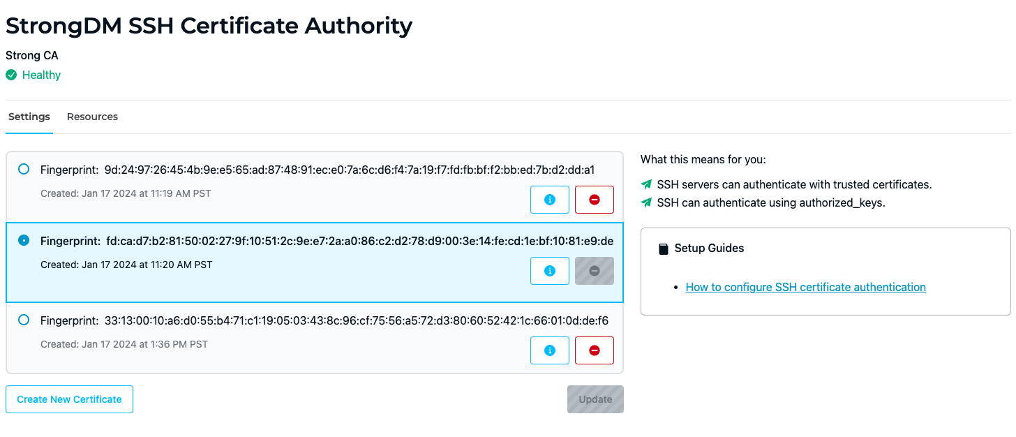 Example of StrongDM SSH Certificate Authority Settings