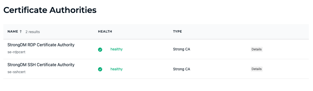 Example of Strong CA Shown in Admin UI > Network > Certificate Authorities