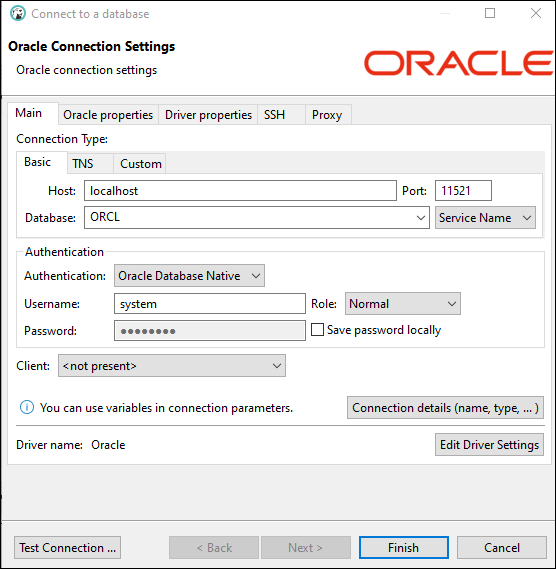 DBeaver Oracle Connection Settings