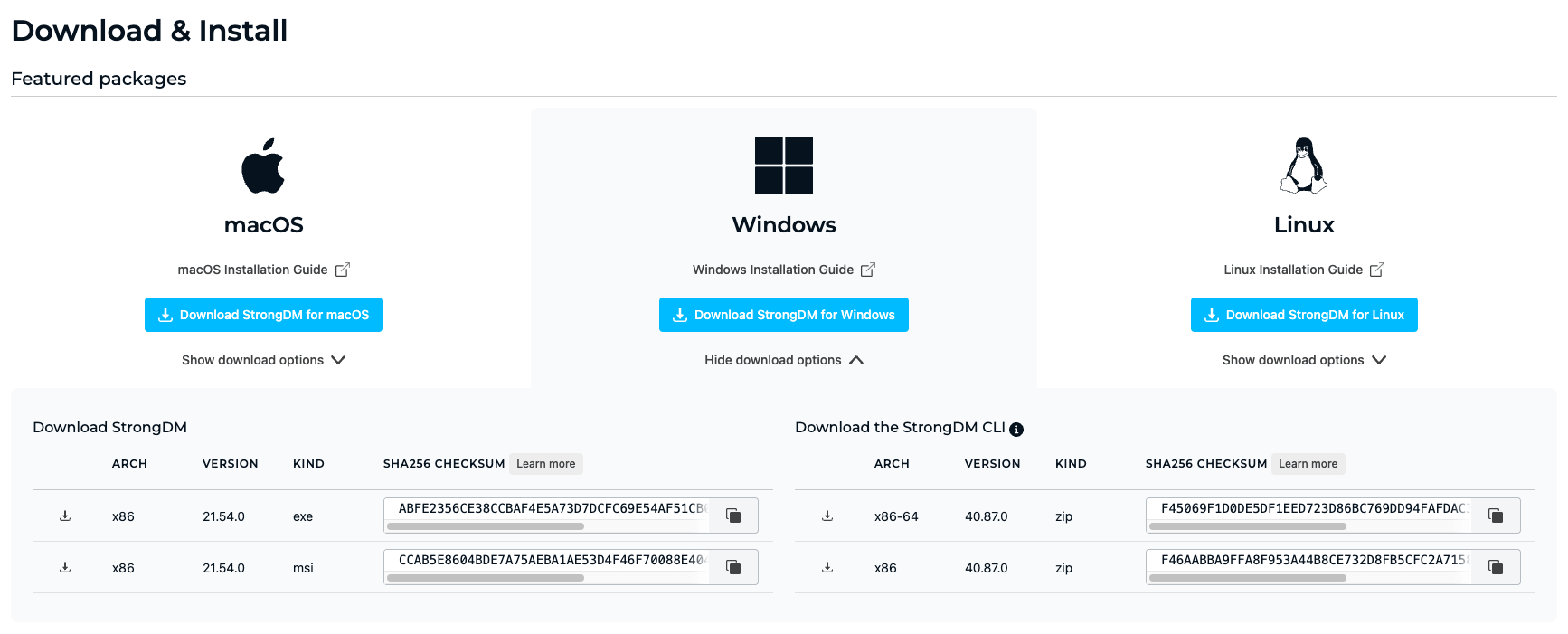 Example of Admin UI Download & Install Page