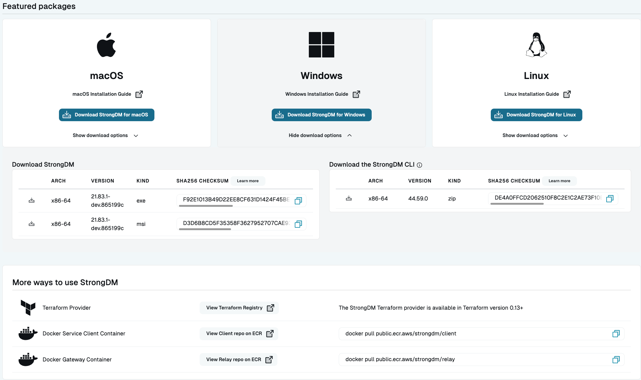 Example of Admin UI Download & Install Page