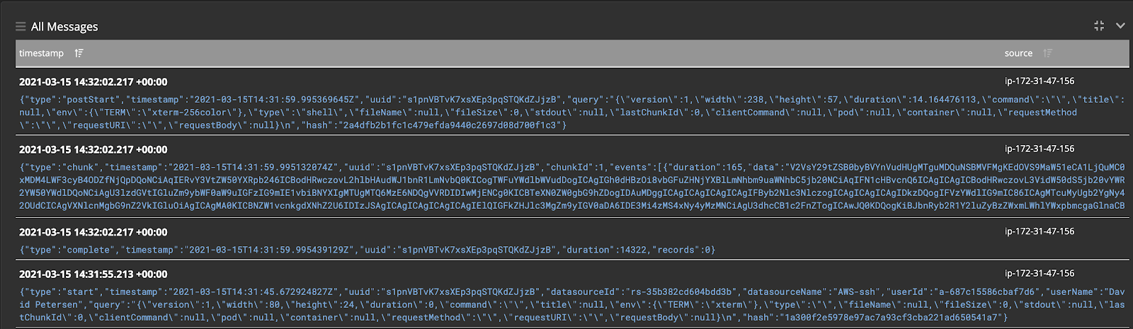 Graylog Console displaying log messages with timestamps and source IP addresses