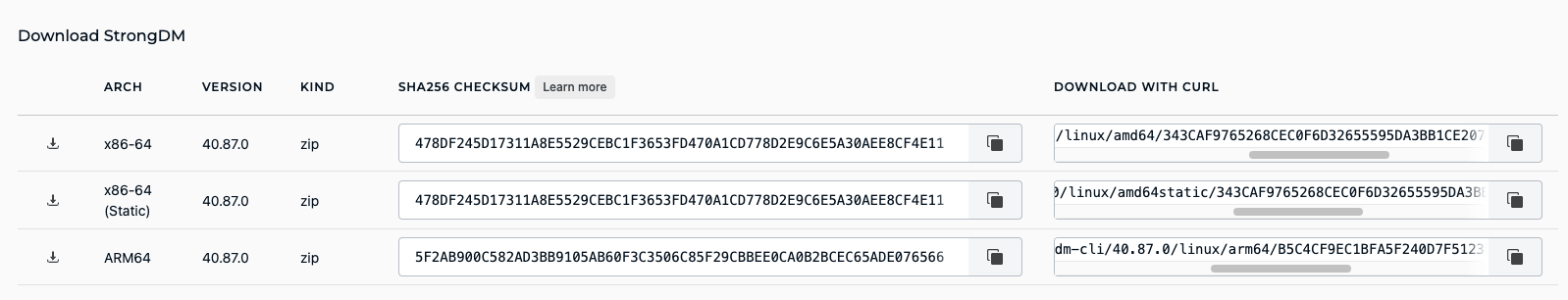 Example of StrongDM SHA256 Checksums on the Admin UI Download & Install Page