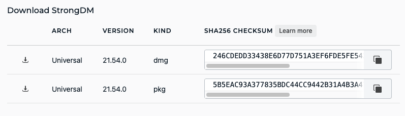 Example of StrongDM SHA256 Checksums on the Admin UI Download & Install Page