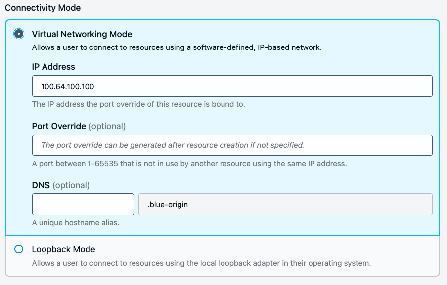 Resource Settings When Virtual Networking Mode Is Selected