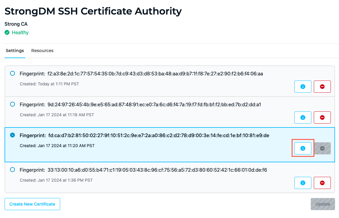 StrongDM SSH Certificate Authority Page Showing Copy Button