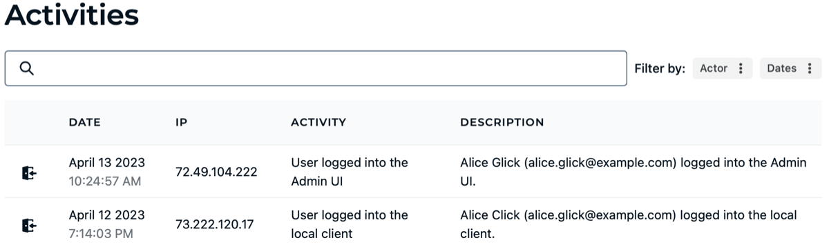 Admin UI Activities Page