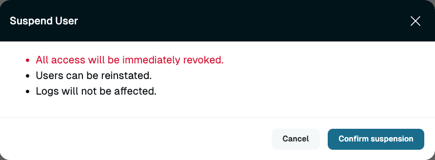 User Actions Menu - Suspend User