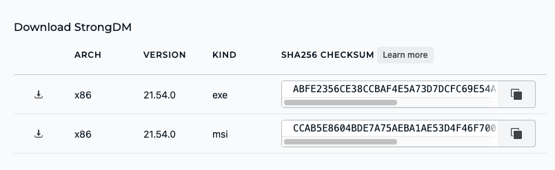 Example of StrongDM SHA256 Checksums on the Admin UI Download & Install Page