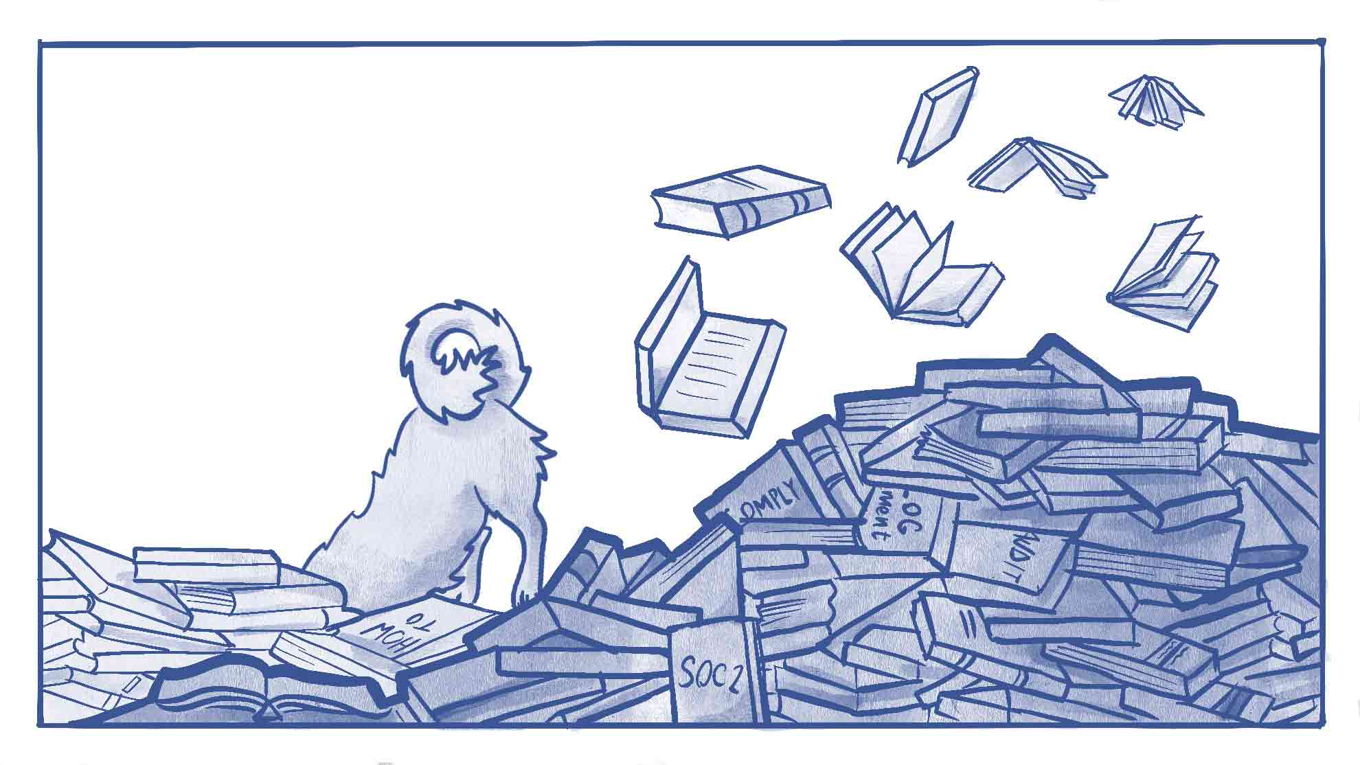 Illustration of a dog digging through a pile of SOC II books (resources)