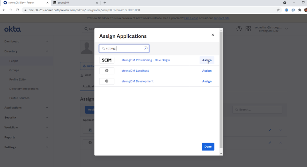 Okta UI assigning applications