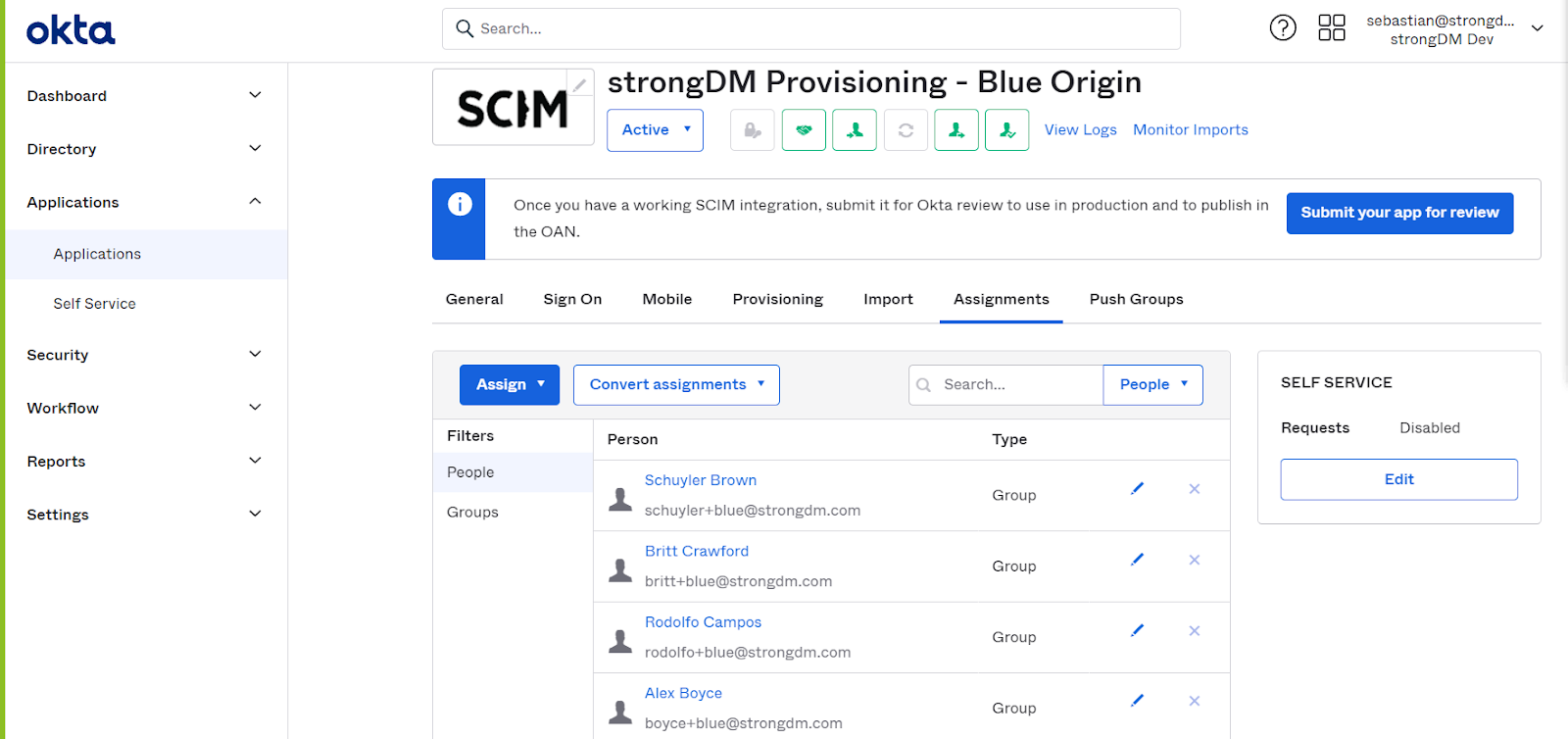 Okta UI SCIM StrongDM provisioning