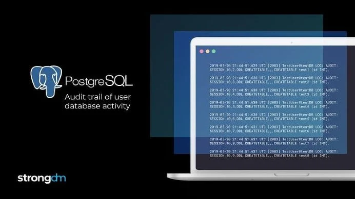 Example log of PostgreSQL queries with text that reads Audit trail of user database activity